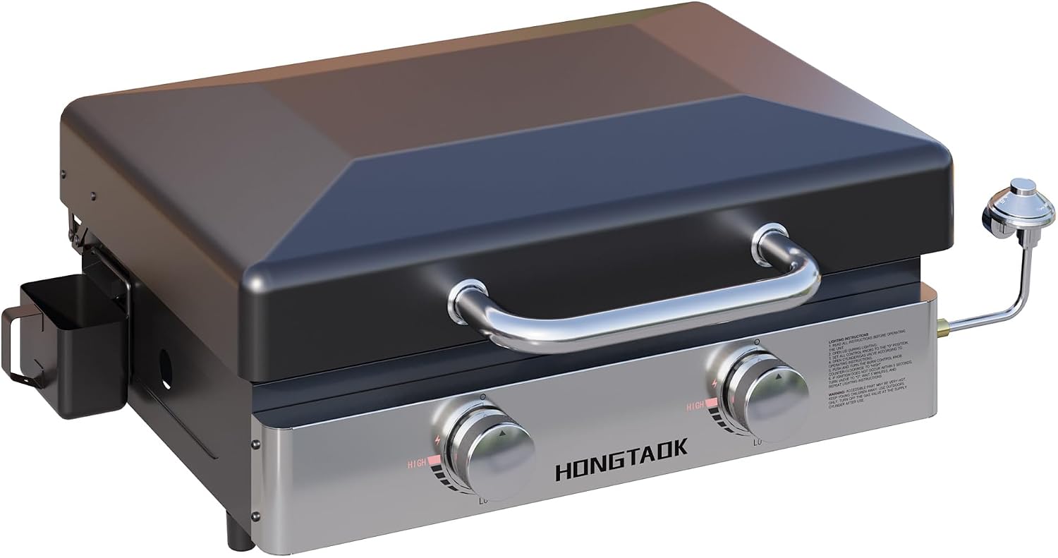 23 Inch Portable Propane Gas Griddle with Non-stick Ceramic Coated Baking Pan and Lid, Outdoor Tabletop 2 Burners Propane Grill for Camping, Barbecue, Tailgating, Cooking