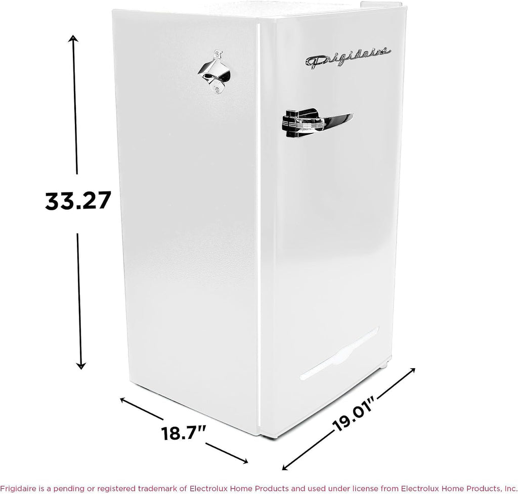 Frigidaire Retro Compact Fridge with Chiller, 3.2 cu ft Countertop Fridge with Built-In Bottle Opener, Compact Refrigerator for Office, Bedroom, Dorm Room or Cabin - 18.7'D x 19.01'W x 33.27'H (White)