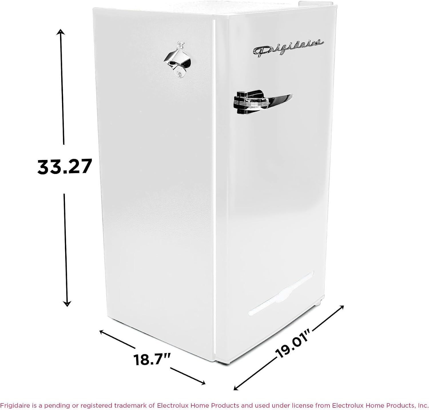Frigidaire Retro Compact Fridge with Chiller, 3.2 cu ft Countertop Fridge with Built-In Bottle Opener, Compact Refrigerator for Office, Bedroom, Dorm Room or Cabin - 18.7'D x 19.01'W x 33.27'H (White)