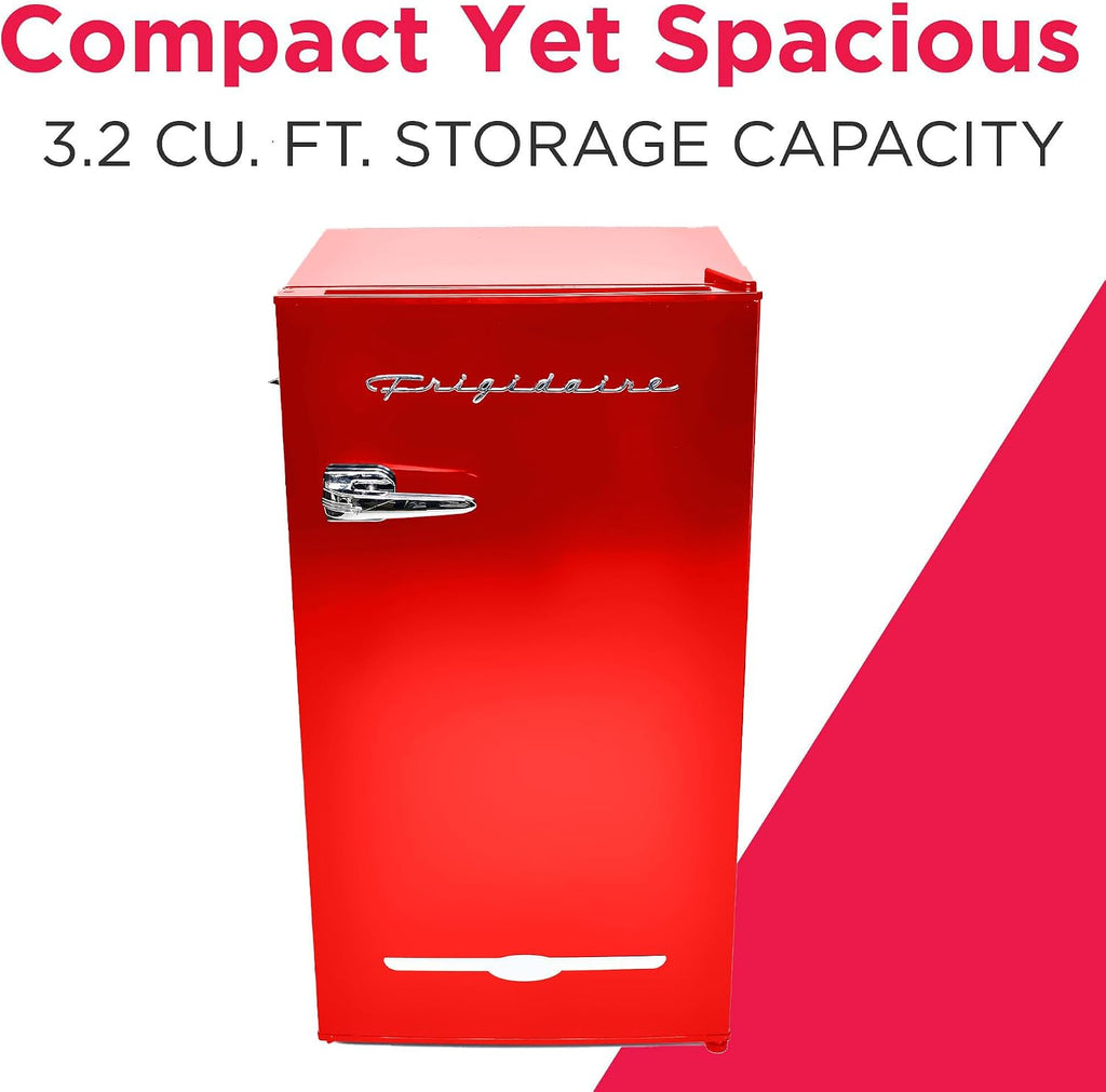 Frigidaire Retro Compact Fridge with Chiller, 3.2 cu ft Countertop Fridge with Built-In Bottle Opener, Compact Refrigerator for Office, Bedroom, Dorm Room or Cabin (Red)