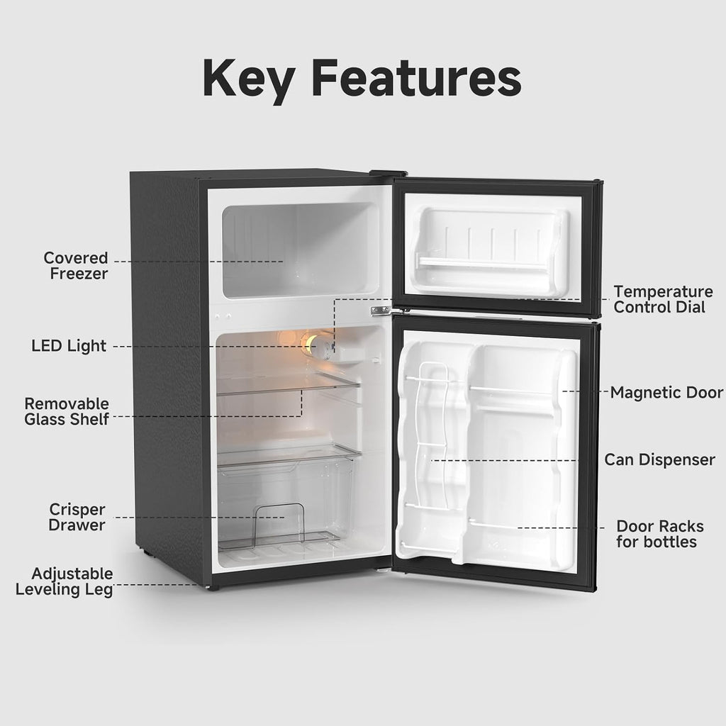 BANGSON 3.2 CU.FT Mini Fridge with Freezer Bedroom, 2 Door Office Small Refrigerator, Quiet Compact Fridge for Home, Dorm, Apartment, Garage, RV, Adjustable Thermostat, Low Noise, Black