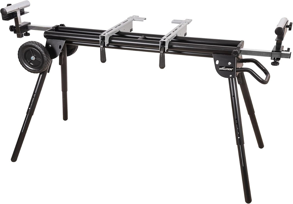 Evolution Power Tools Miter Saw Stand PLUS - Compact Folding Stand with Extendable Arms, Large Wheels, Universal Fittings for Most Brands Evolution, Makita, DeWalt, Bosch, Ryobi, Einhell and Metabo