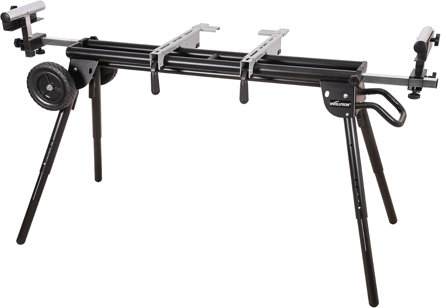 Evolution Power Tools Miter Saw Stand PLUS - Compact Folding Stand with Extendable Arms, Large Wheels, Universal Fittings for Most Brands Evolution, Makita, DeWalt, Bosch, Ryobi, Einhell and Metabo