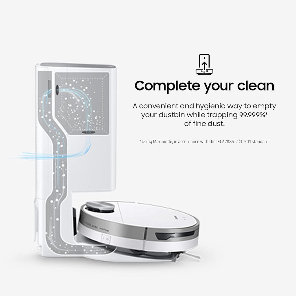 SAMSUNG Jet Bot+ Robot Vacuum Cleaner w/ Clean Station, Automatic Emptying, Precision Cleaning, 5-Layer Filter, Intelligent Power Control for Hardwood Floors, Carpets, Area Rugs, VR30T85513W/AA, White