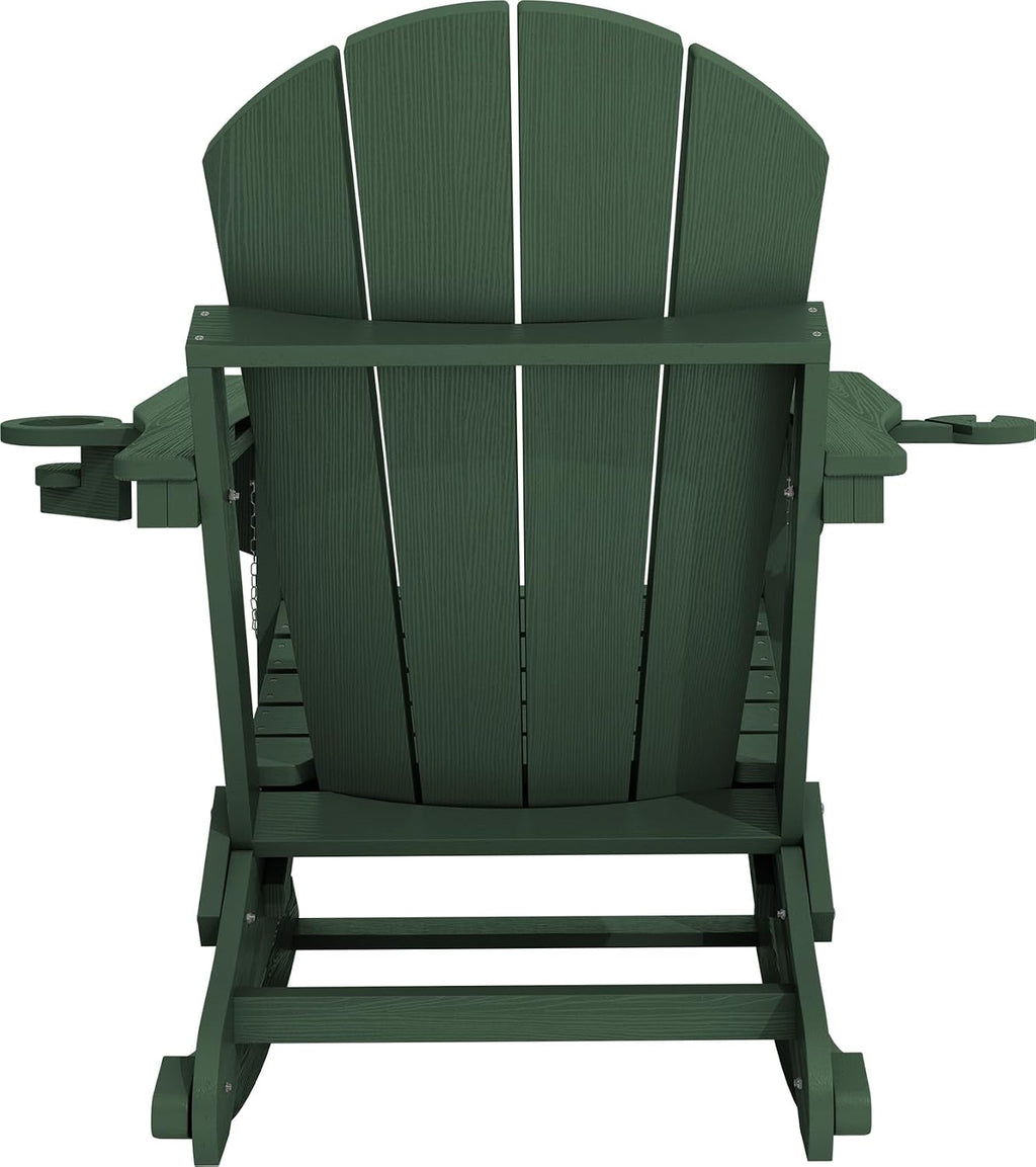 KINGYES Adirondack Rocking Chair with Retractable Ottoman and Cup Holders, HDPE Adirondack Rocker Patio Rocking Chair for Porch, Patio, Balcony, Dark Green