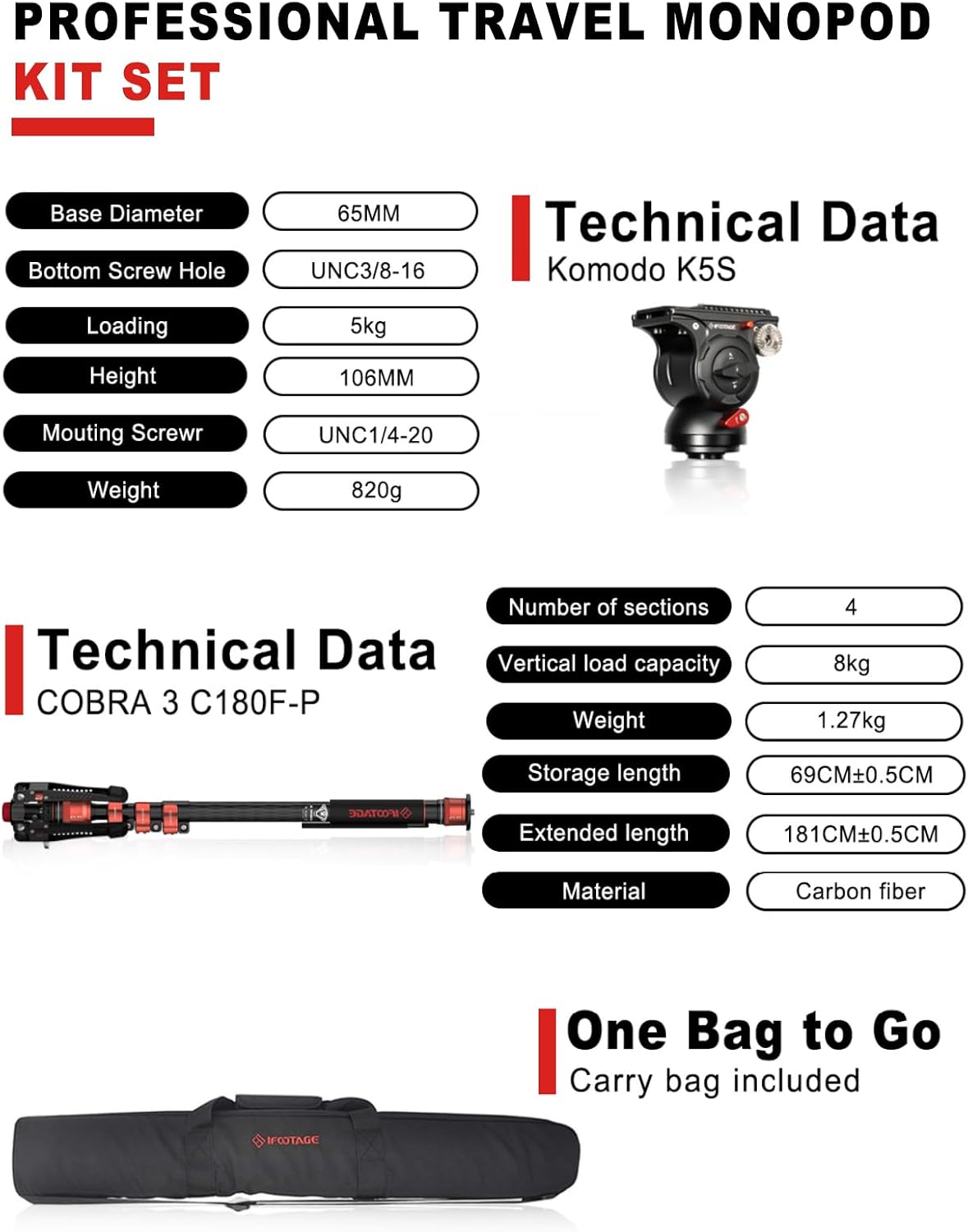IFOOTAGE Monopod Cobra 3 C180F-P+K5S, 71' Monopod for Camera Carbon Fiber Travel Monopod with Feet, 1/4'' & 3/8'' Quick Release Compatible with Sony Canon Nikon DSLR Camera, Payload 17.6Lb