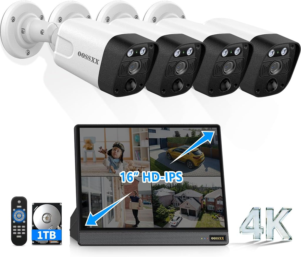 OOSSXX (2026 New) 4K PoE Security Camera System Outdoor, 8CH NVR with 16' IPS Monitor & 1TB HDD, 4 Cameras, 130° Wide Angle, AI Human Detection, Two-Way Audio, No Monthly Fee