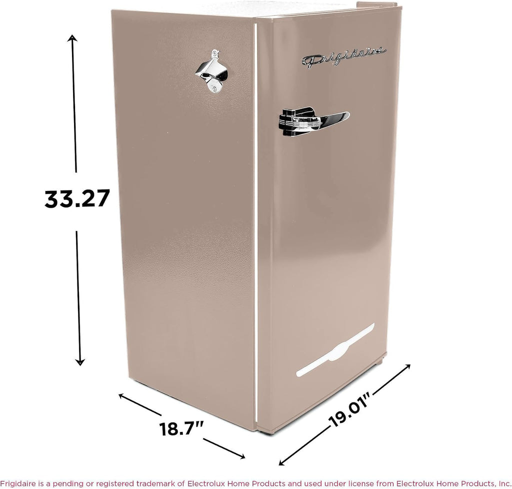Frigidaire Retro Compact Fridge with Chiller, 3.2 cu ft Countertop Fridge with Built-In Bottle Opener, Compact Refrigerator for Office, Bedroom, Dorm Room or Cabin - 16.5' D x 19' W x 31' H (Coral)