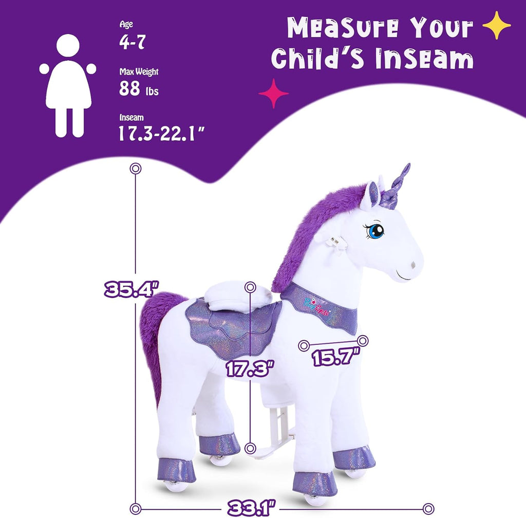PonyCycle Ride on Unicorn for Kids 4-7 with Brake No Battery Required Unicorn Gifts for Girls (35.4' Height/Size 4) Plush Interactive Riding Rocking Riding Horse Ride on Toy Spirit Stuffed Animal E413