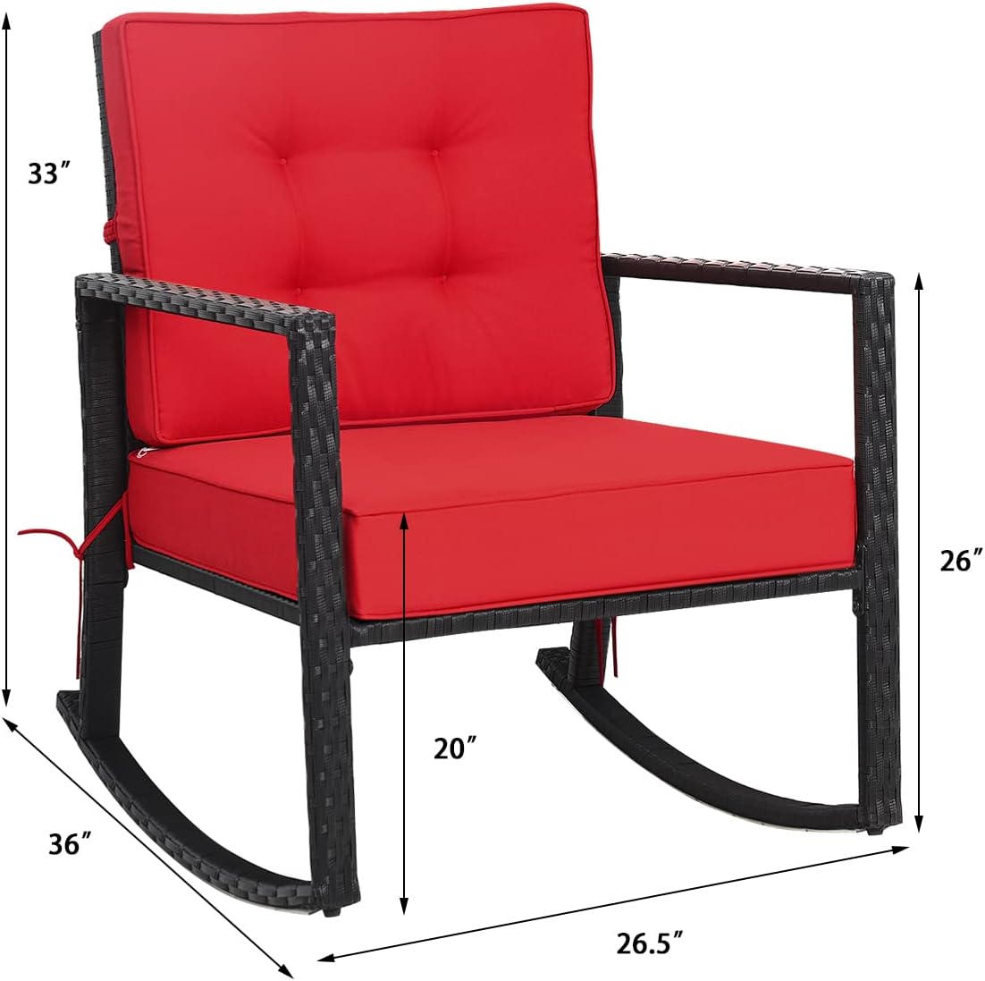 Tangkula Wicker Rocking Chair, Outdoor Glider Rattan Rocker Chair with Heavy-Duty Steel Frame, Patio Wicker Furniture Seat with 5' Thick Cushion for Garden, Porch, Backyard, Poolside (2, Red)