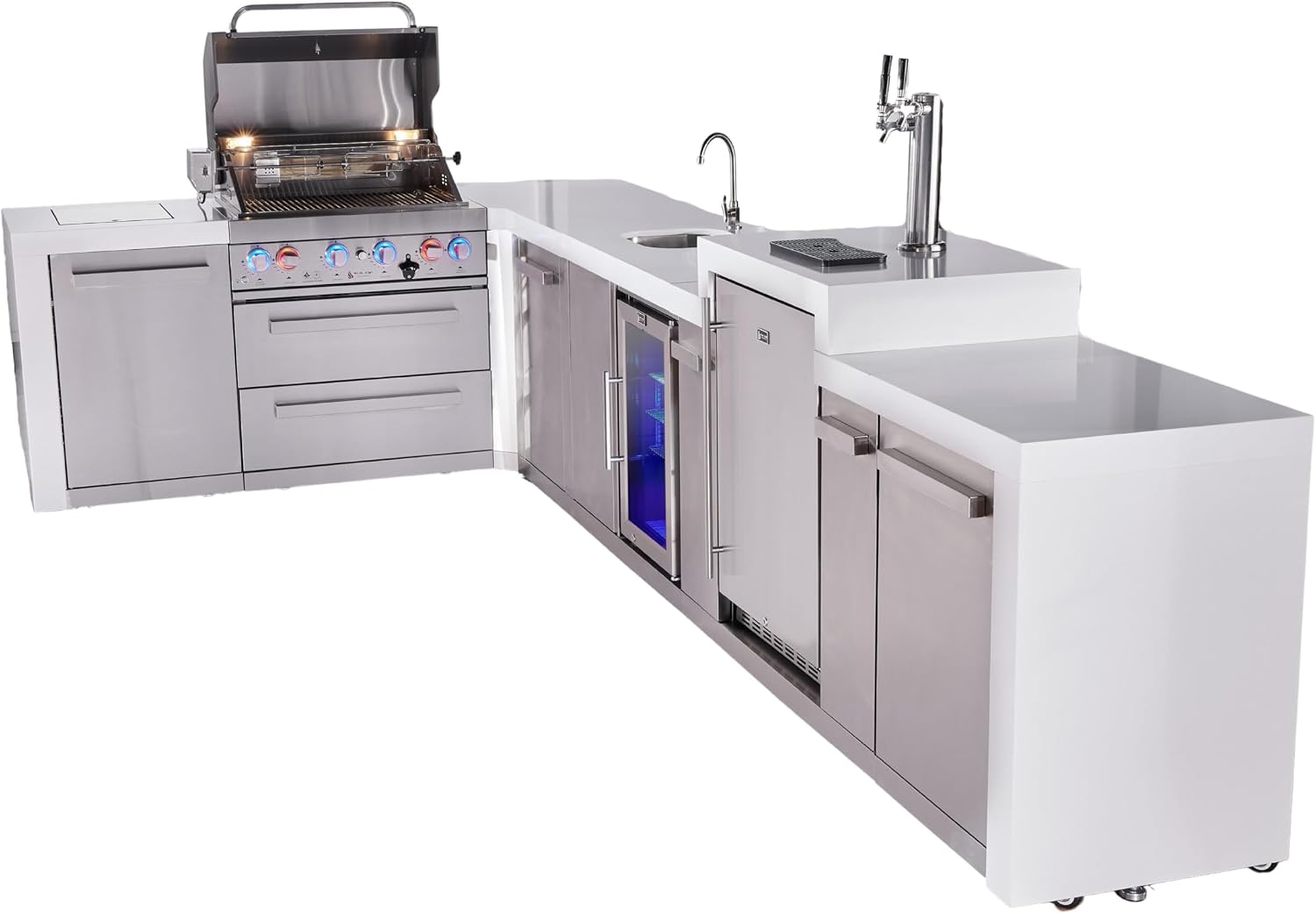 Mont Alpi Premium 4-Burner 82'x161' L-Shaped 400 Deluxe Stainless Steel Modular Outdoor Kitchen Island BBQ Grill + Beverage Center Refrigerator Faucet & Sink + Kegerator + Storage Drawers & Cabinets