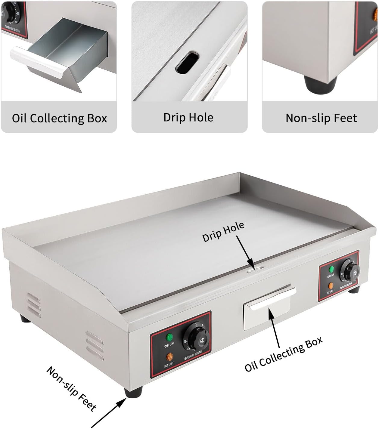 30' Commercial Electric Griddle, 110V 3000W Electric BBQ Countertop Griddle Flat Top Grill Hot Plate Adjustable Thermostatic Control Stainless Steel Restaurant Grill for Kitchen