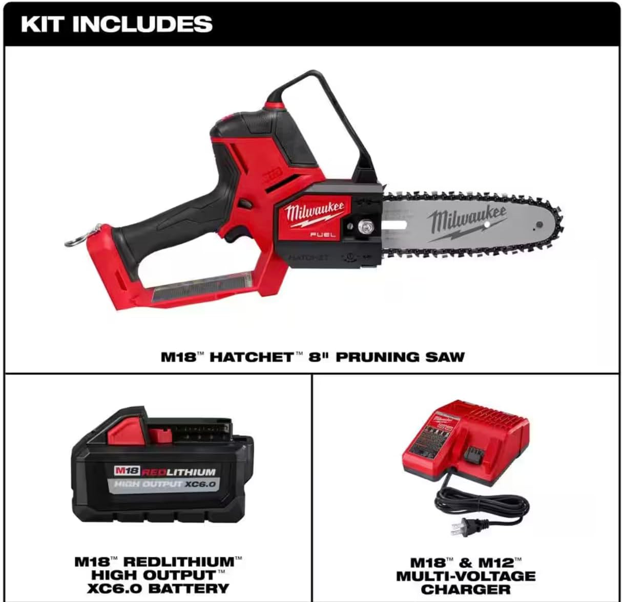 Milwaukee M18 FUEL 8 in. 18V Lithium-Ion Brushless HATCHET Pruning Saw Kit with 6Ah High Output Battery and Charger