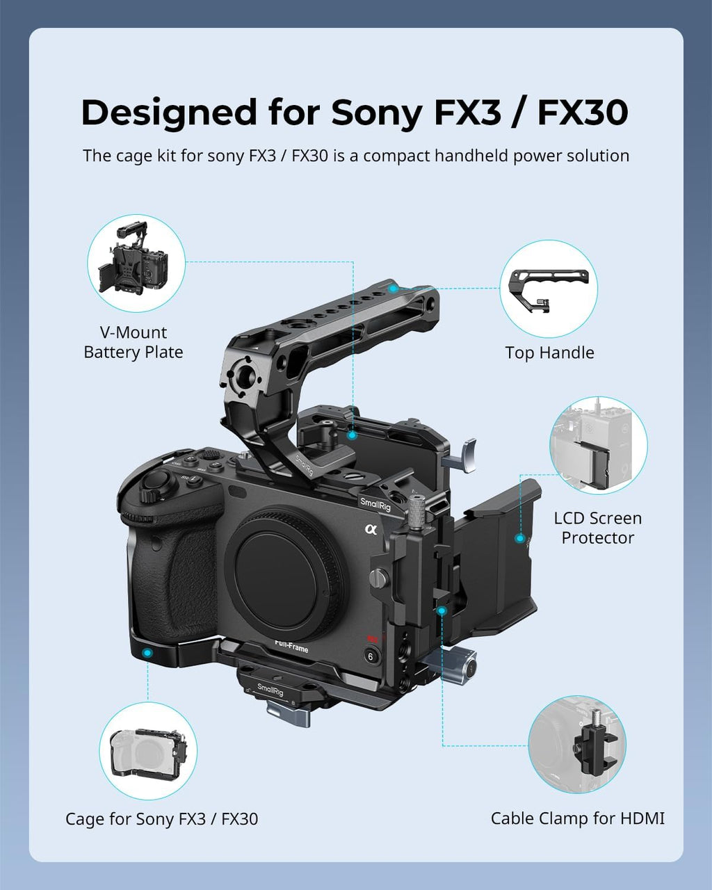 SmallRig Cage Kit for Sony FX3 / FX30 with Cage, V-Mount Battery Mount Plate, LCD Screen Protector, Top Handle, Cable Clamp for HDMI, NATO Rail - 5823