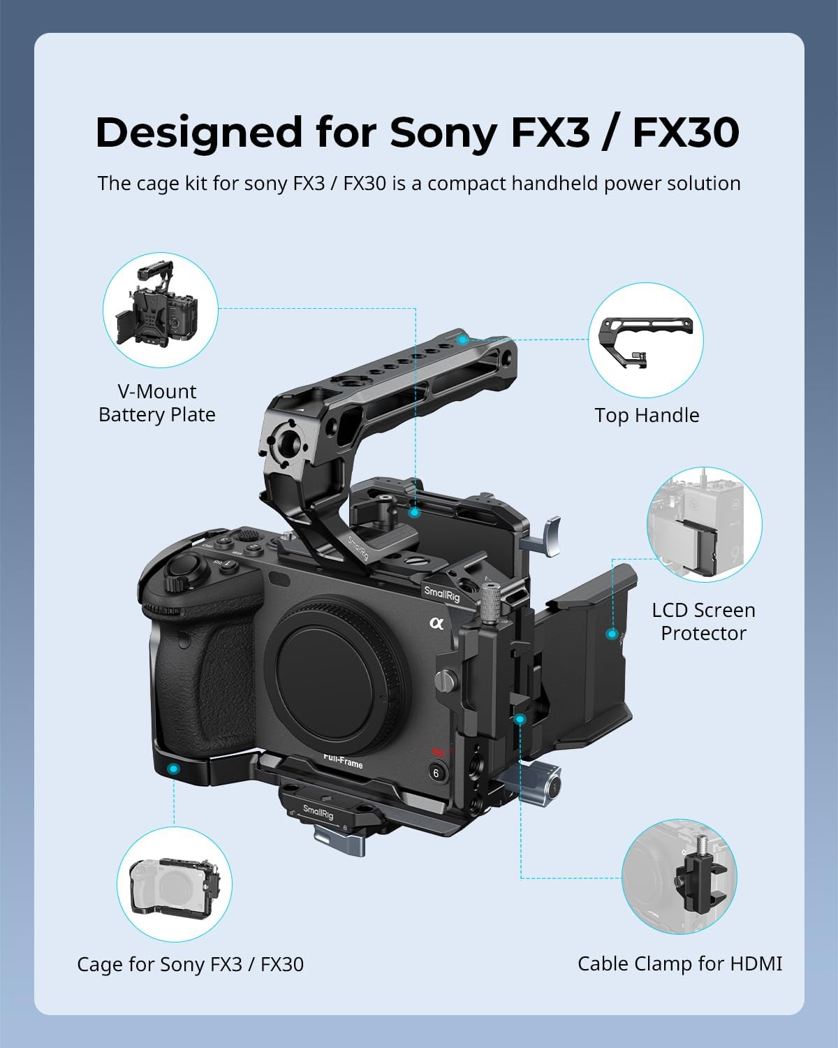 SmallRig Cage Kit for Sony FX3 / FX30 with Cage, V-Mount Battery Mount Plate, LCD Screen Protector, Top Handle, Cable Clamp for HDMI, NATO Rail - 5823