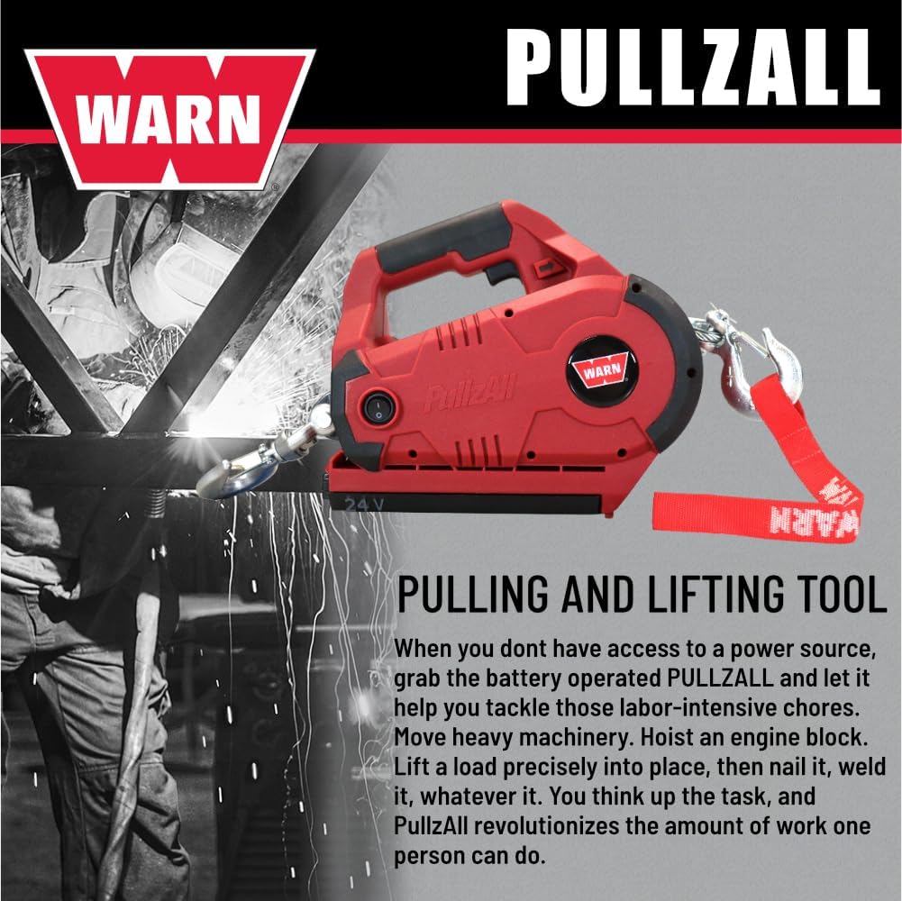 WARN 885030 PullzAll Cordless 24V DC Portable Electric Winch with Steel Cable and 1 Rechargeable Battery Pack: 1/2 Ton (1,000 lb) Lifting/Pulling Capacity, Red