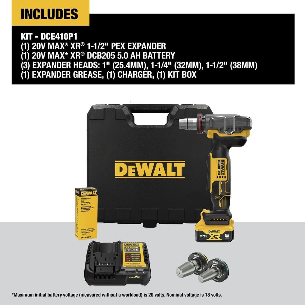 DEWALT 20V MAX XR PEX Expander Tool Kit with 1', 1-1/4', and 1-1/2' Expansion Heads, Battery and Charger Included (DCE410P1)