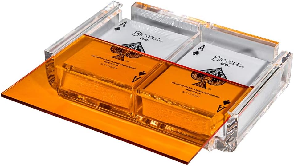 Modern Elegant Playing Card Deck Holder Tray with 2 Decks of Playing Cards in Unique Stylish Deluxe Acrylic Box with Color lid (Orange)