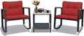 Tangkula 3 Pieces Patio Wicker Rocking Bistro Set, Outdoor Rocking Chair Furniture Set w/Cushioned Seat, Conversation Set w/Glass Coffee Table and Storage Shelf (Red)