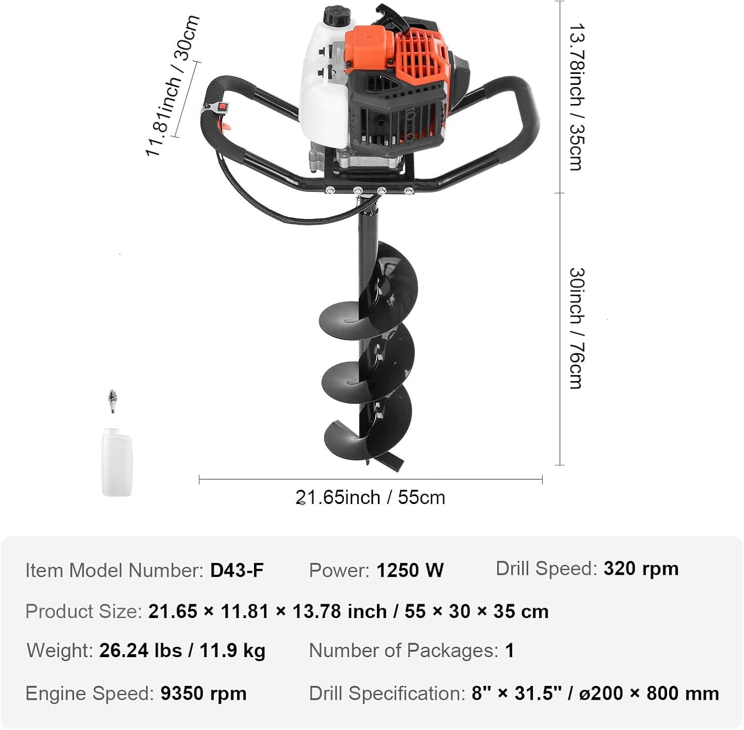 VEVOR Post Hole Digger, 43cc 1250W Auger Post Hole Digger, Gas Powered Earth Digger with 8' Earth Auger Drill Bit, 30 inch Long Alloy Steel Auger, for Farmland, Garden and Plant, EPA Certification