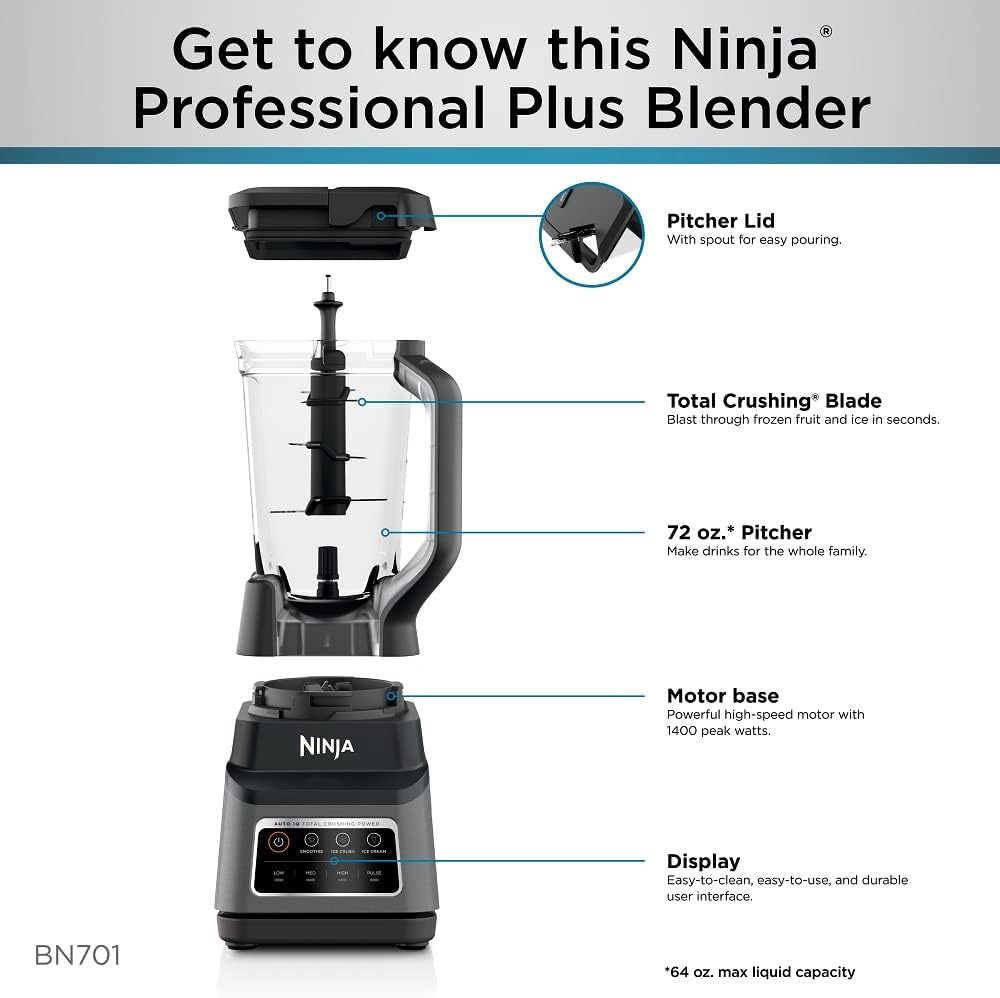 Ninja Professional Plus Blender with Auto-iQ | Smoothie and Ice Cream Maker, Frozen Drink Mixer, Margarita Machine | 3 Auto-iQ Presets, 1400W, 72-oz. Total Crushing Pitcher | Dark Grey | BN701
