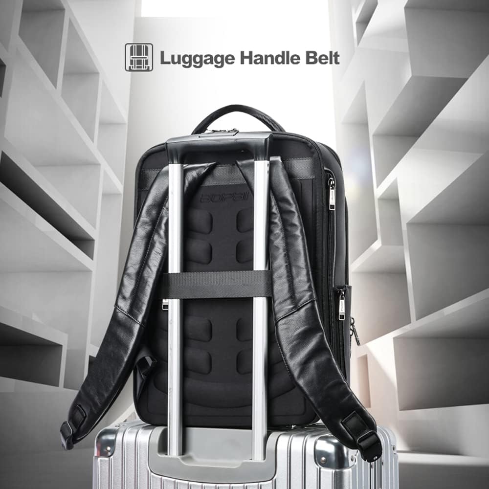 BOPai Genuine Leather Backpack for Men Multi-Function Expand 15.6 inch Business Laptop Backpack Travel Smart with USB Charging Backpack Office Black