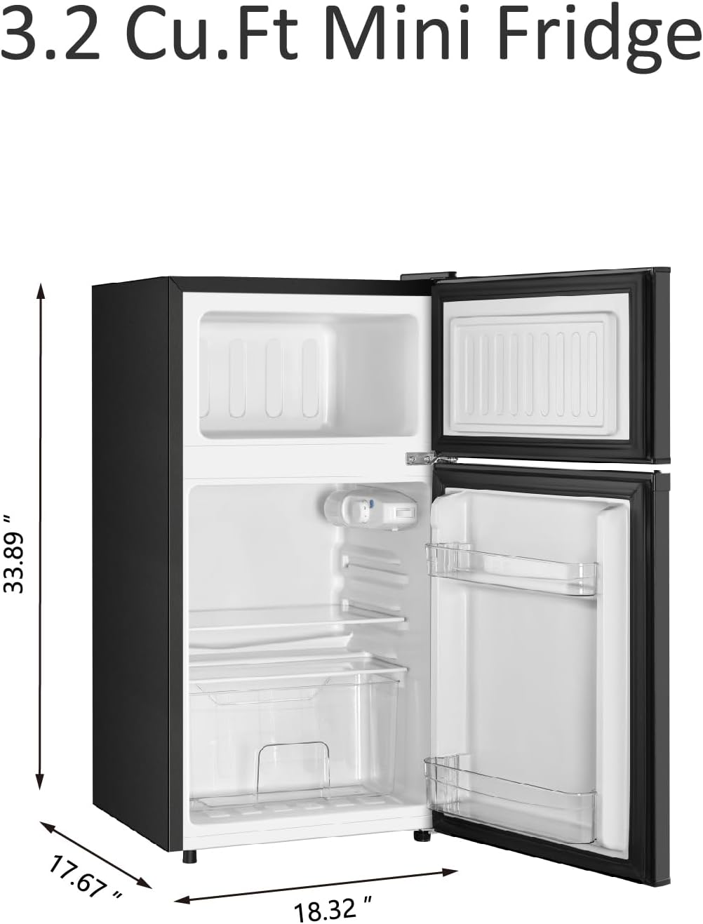 Saeoola Mini Fridge with Freezer, 3.2 Cu.Ft, 2 Doors Compact Mini Refrigerator with Separate Freezer for Dorm, Bedroom, Office, Apartment with 7-Level Temperature Control, Removable Shelves (Sliver)