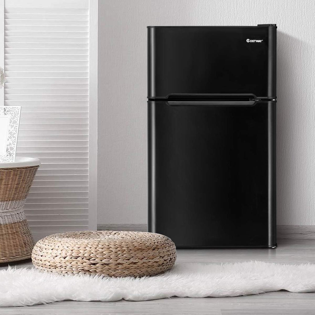 COSTWAY Mini Fridge with Freezer, 3.2 Cu.ft. 2-Door Mini Freezer Cooler Fridge w/Reversible Door, Removable Glass Shelves, Mechanical Control, Small Refrigerator for Bedroom, Dorm, Office (Black)