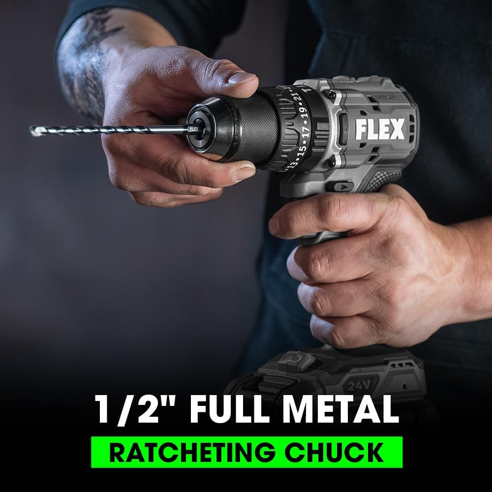 FLEX 24V Brushless Cordless 1/2-Inch 650 In-Lbs Torque 2-Speed Compact Hammer Drill Kit with 2.5Ah Lithium Battery and 160W Fast Charger - FX1231-1A