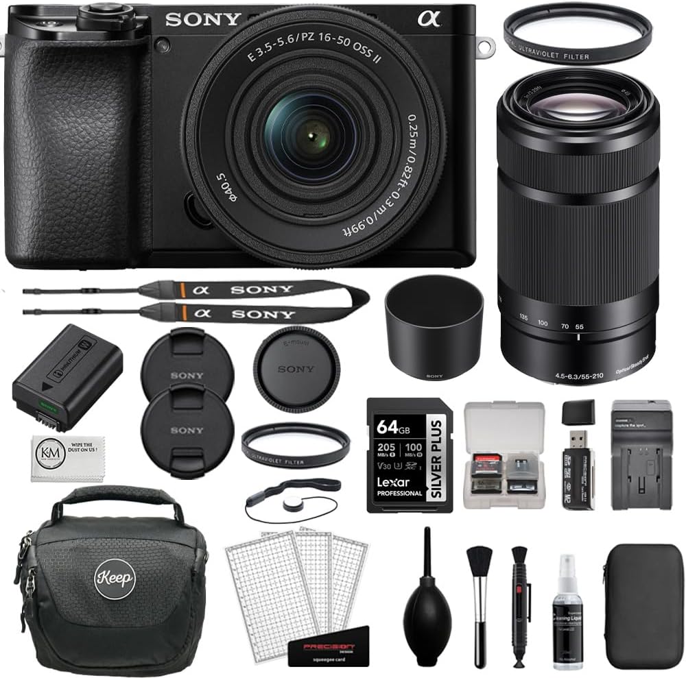 Sony Alpha a6100 Mirrorless Digital Camera with 16-50mm f/3.5-5.6 OSS II and 55-210mm Lenses Bundle with 64GB Card + 2 UV Filters + Card Reader + Card Case + Cleaning Kit + Bag + Cloth (9 Items)