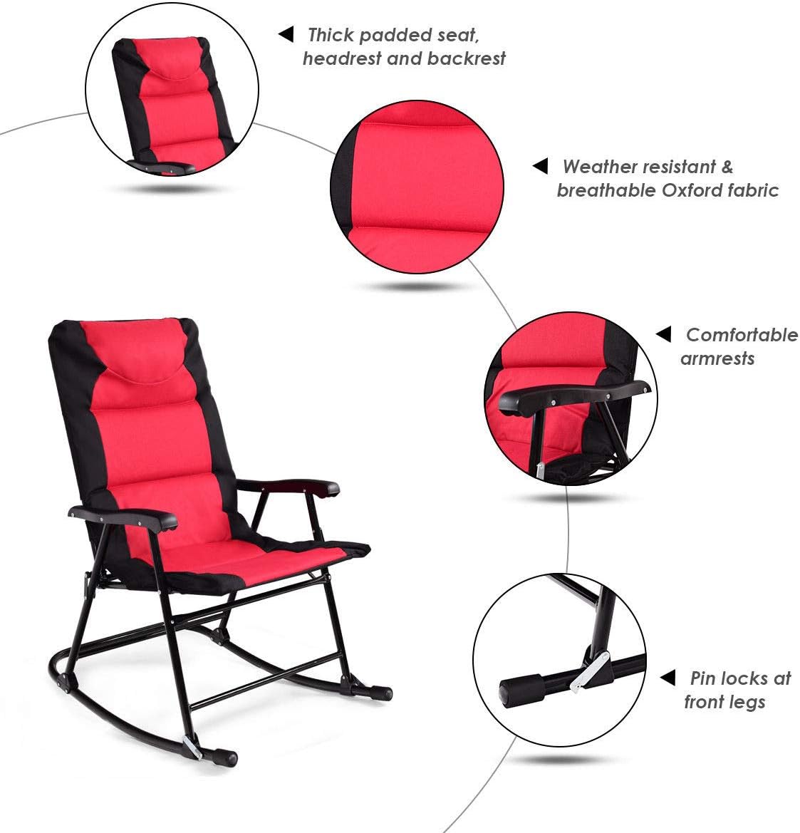 Giantex 3 PCS Folding Bistro Set Outdoor Patio Rocking Chairs Round Table Set 2 Rocking Chairs w/Glass Coffee Table for Yard, Patio, Deck, Backyard Padded Seat (Red & Black)