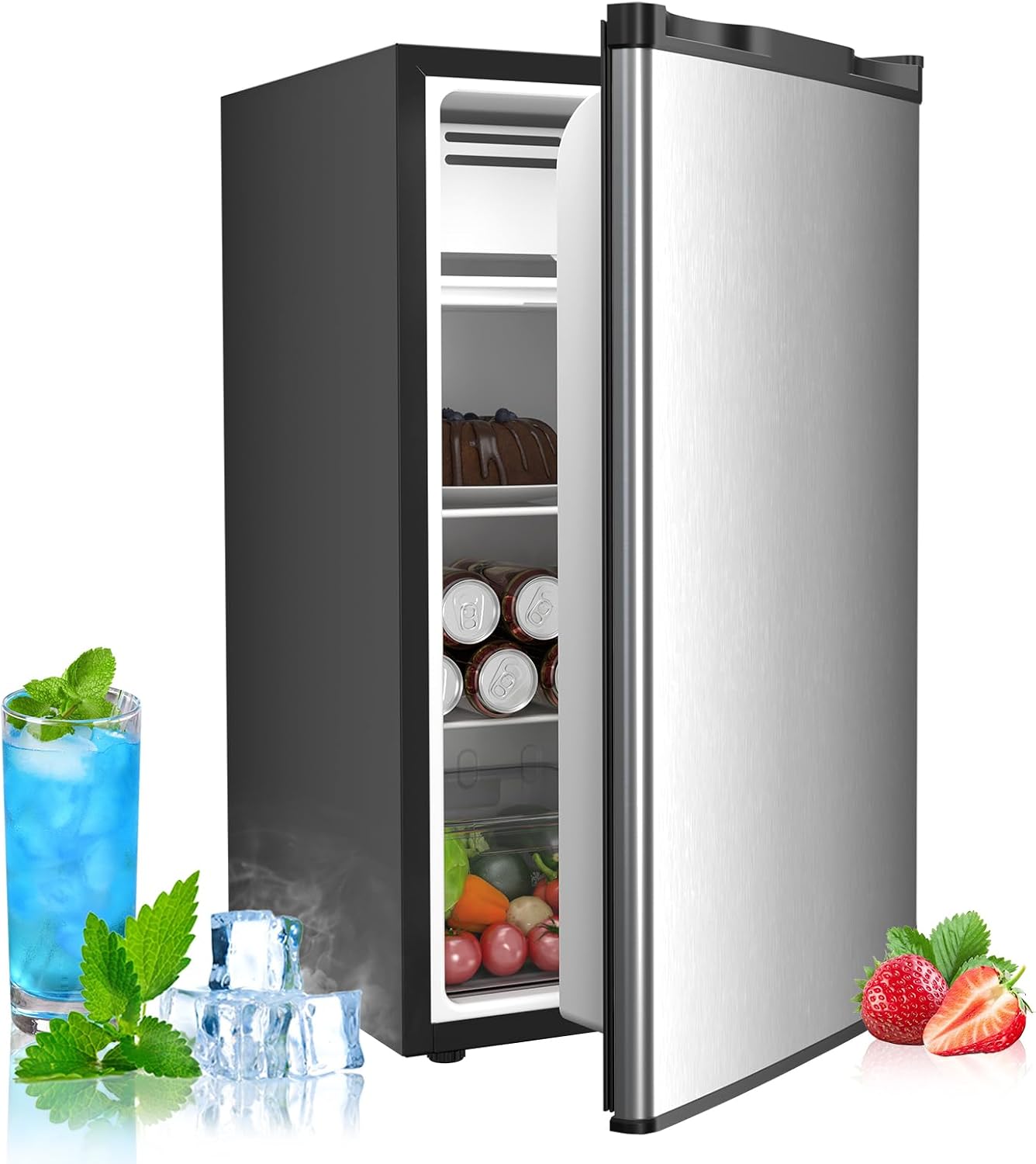Electactic 3.2 Cu.ft Mini Fridge with Freezer, Compact Refrigerator with Reversible Single Door, Adjustable Thermostat, Low Noise, Energy Efficient for Office, Dorm, Bedroom, Apartment
