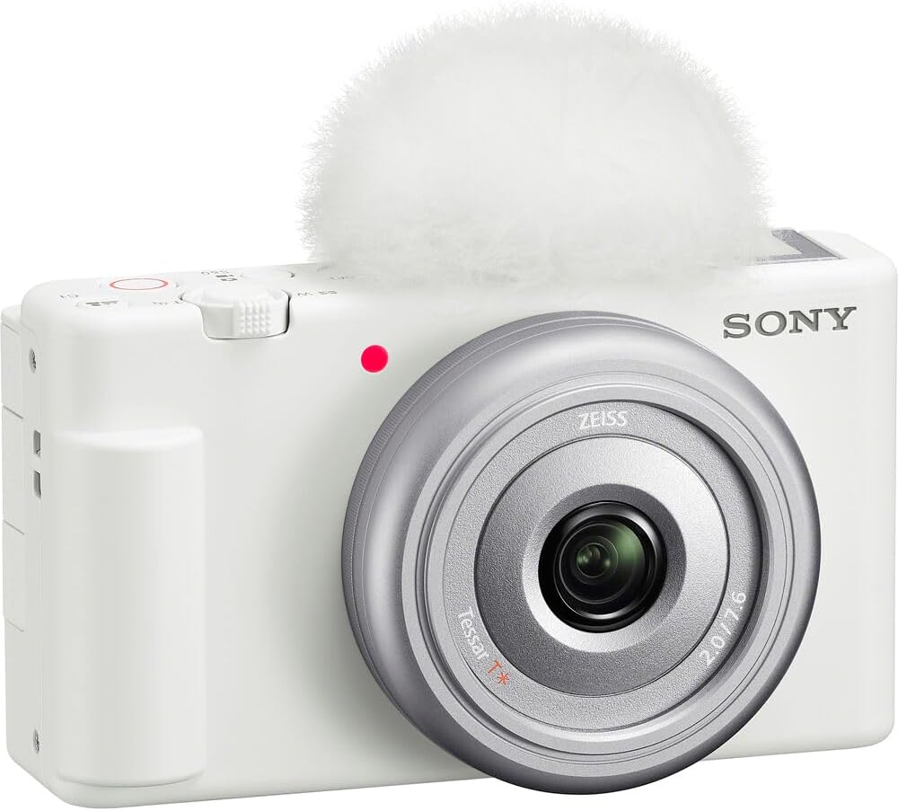 Sony ZV‑1F/W Vlog Camera in White | 20.1 MP 1‑Inch Exmor RS Sensor Compact Creator Camera (White) (ZV1F/W) + Filter Kit + 64GB Card + Card Reader + Bag + Flex Tripod + Cleaning Kit