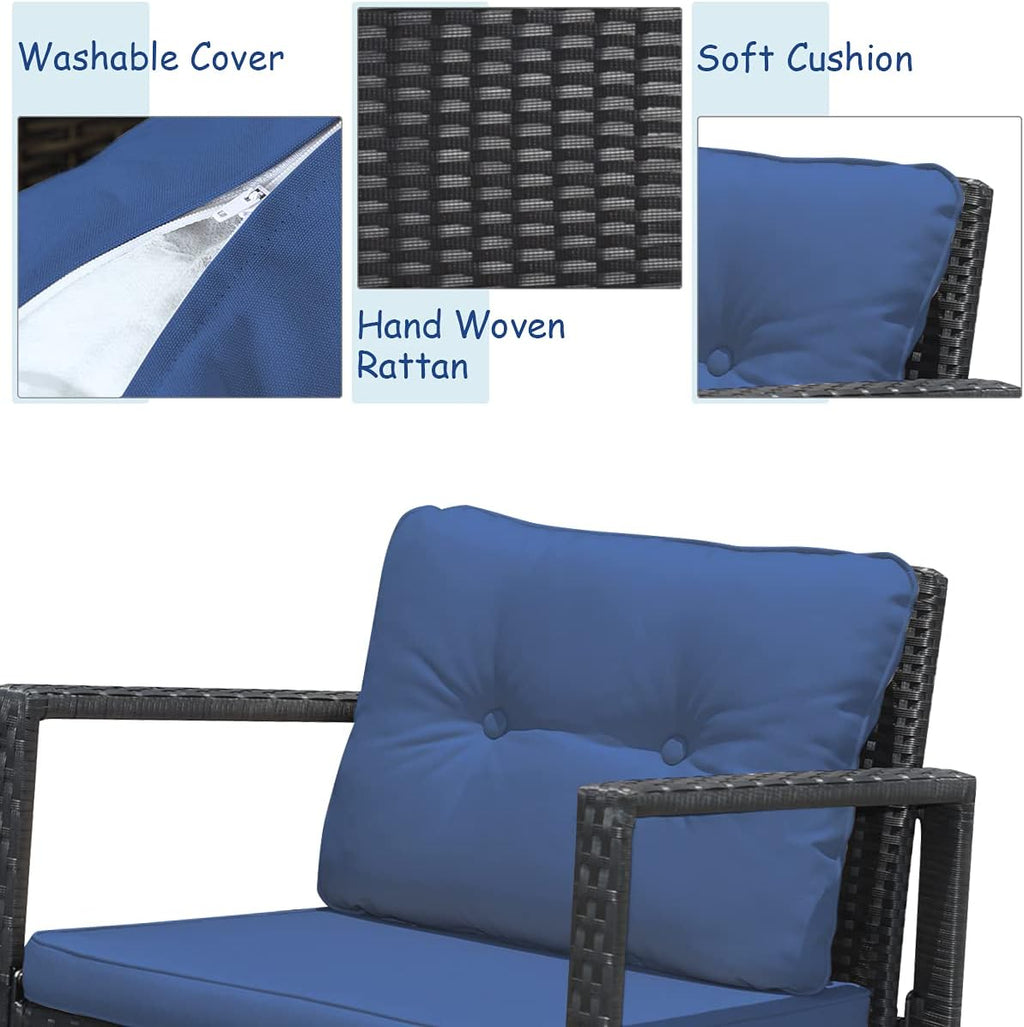 Tangkula 3 Pieces Patio Wicker Rocking Bistro Set, Outdoor Rocking Chair Furniture with Cushioned Seat, Conversation Set with Glass Coffee Table and Storage Shelf (Navy Blue)
