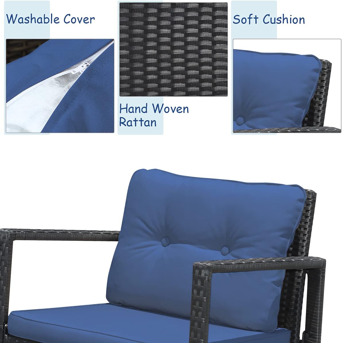 Tangkula 3 Pieces Patio Wicker Rocking Bistro Set, Outdoor Rocking Chair Furniture with Cushioned Seat, Conversation Set with Glass Coffee Table and Storage Shelf (Navy Blue)