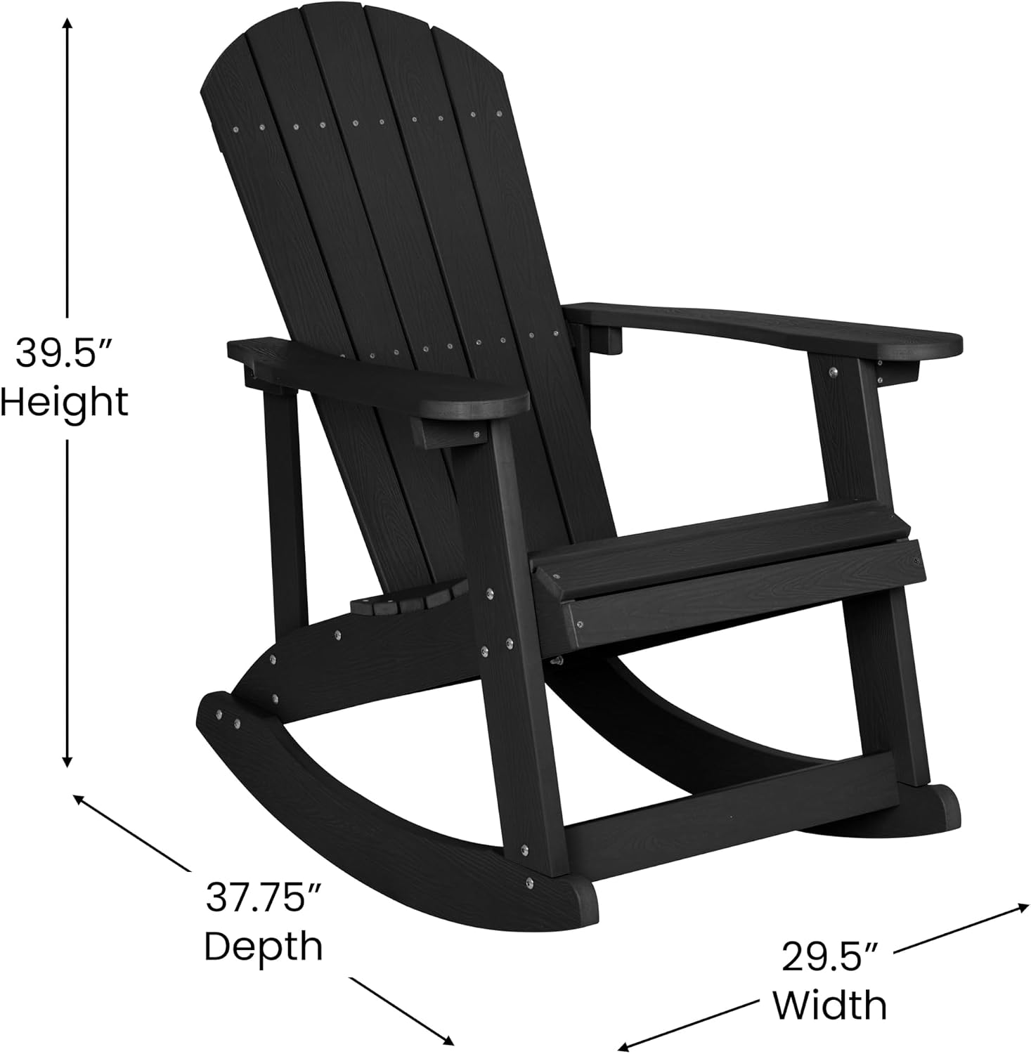 Flash Furniture Savannah Poly Resin Wood Adirondack Rocking Chair - All Weather Black Polystyrene - Stainless Steel Hardware - Set of 2