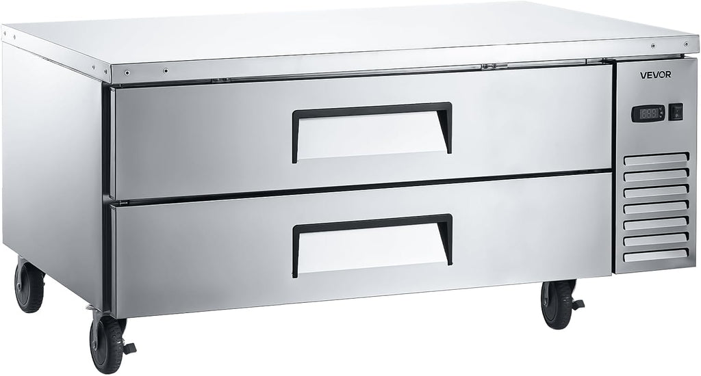 VEVOR Chef Base Refrigerator, 52' W Commercial Chef Bases Worktop Refrigerators, 2-Drawer Under Counter Fridge with 8 Pans Stainless Steel, Heavy-Duty Refrigerated Base, Invisible Door Handle