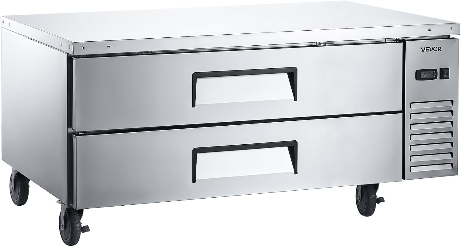 VEVOR Chef Base Refrigerator, 52' W Commercial Chef Bases Worktop Refrigerators, 2-Drawer Under Counter Fridge with 8 Pans Stainless Steel, Heavy-Duty Refrigerated Base, Invisible Door Handle