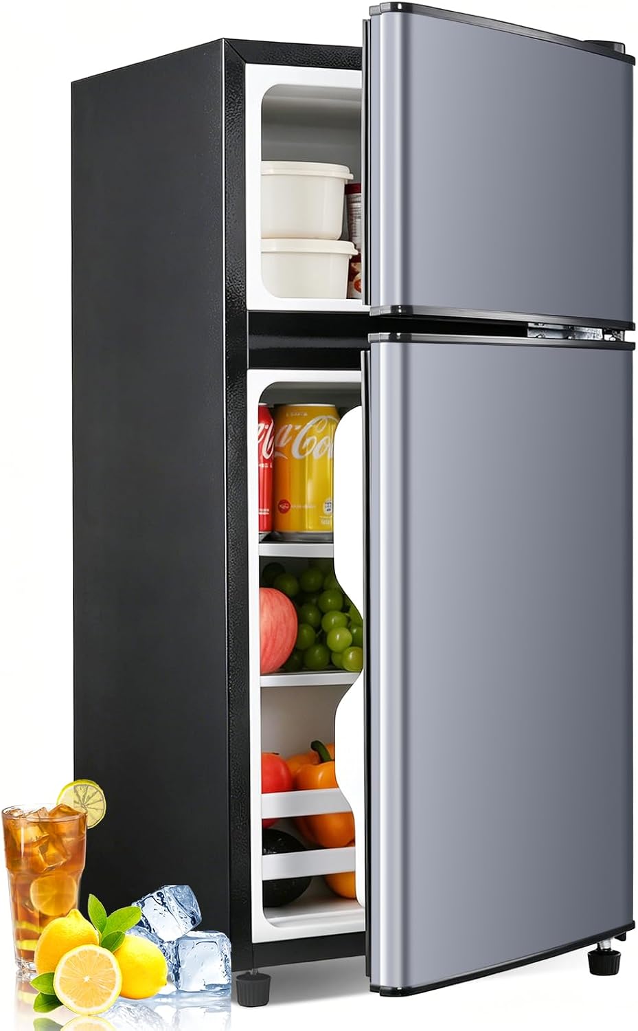 Anypro Fridge with Freezer, 2.9 Cu.Ft Double Door Refrigerator with 7-Level Temperature Control, LED Light, Adjustable Shelves for Bedroom, Office, Dorm, and Apartment, Blue Silver