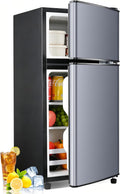 Anypro Fridge with Freezer, 2.9 Cu.Ft Double Door Refrigerator with 7-Level Temperature Control, LED Light, Adjustable Shelves for Bedroom, Office, Dorm, and Apartment, Blue Silver