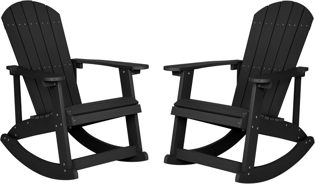 Flash Furniture Savannah Poly Resin Wood Adirondack Rocking Chair - All Weather Black Polystyrene - Stainless Steel Hardware - Set of 2