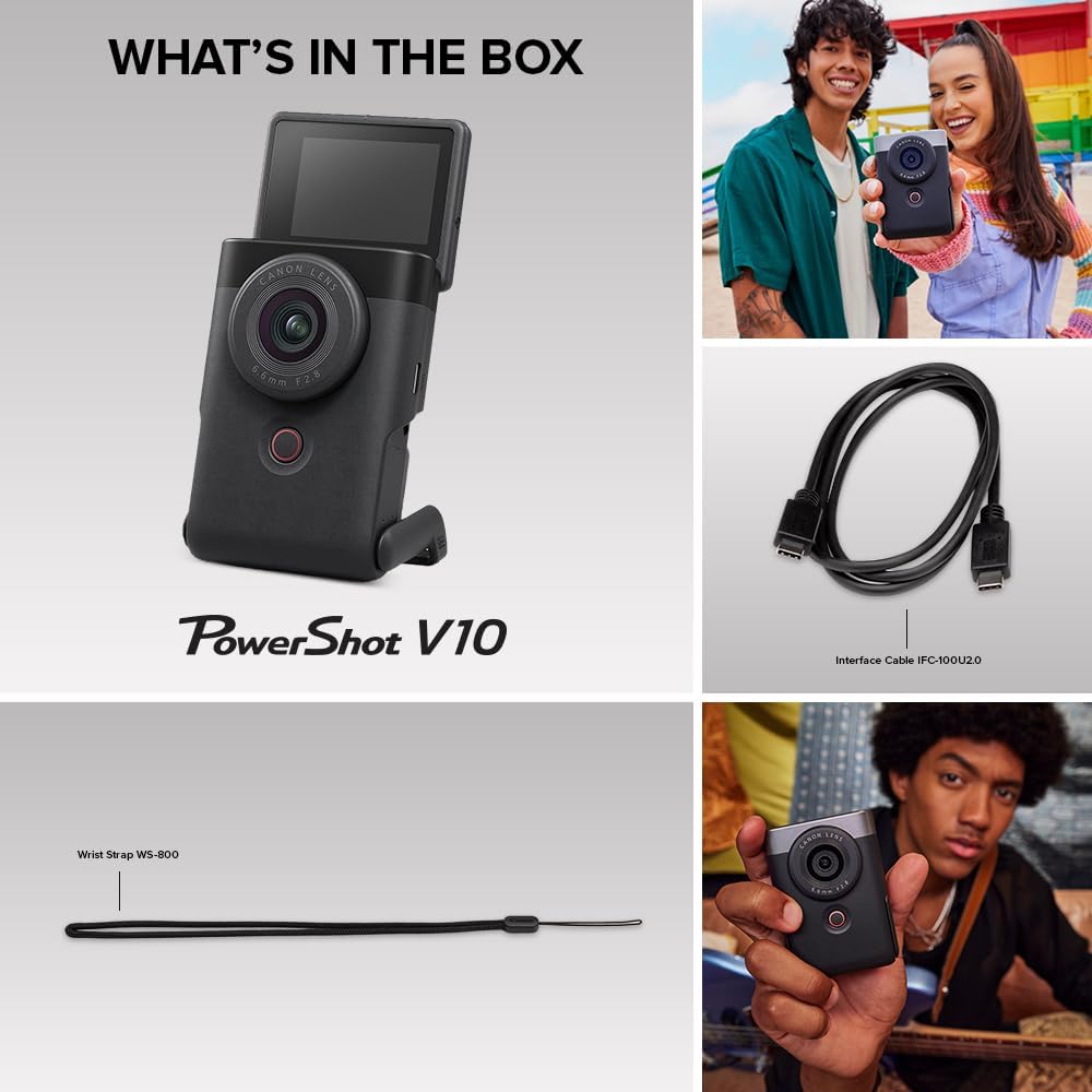 Canon PowerShot V10 Camera, Content Creator Compact Vlog Camera, Fixed 19mm Wide-Angle Lens, 4K Video, Face Detection, Built-in Microphone, Live Streaming, Vlogging, Built-in Stand, Silver