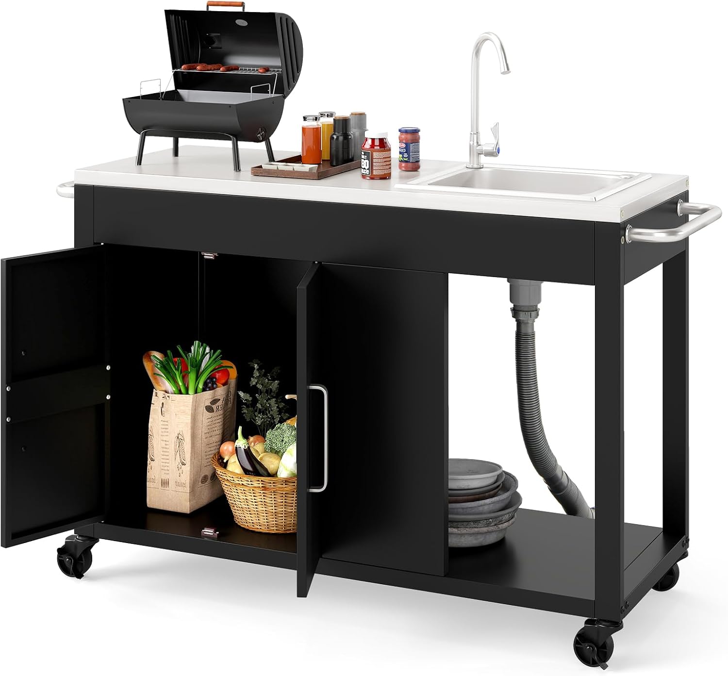Happygrill 56' Outdoor Grill Table with Sink & Drainage, Heavy Duty Metal Grill Cart with Stainless Steel Top & Storage Cabinet, Outdoor Prep Table with Handles & Wheels for Patio, Garden & Backyard
