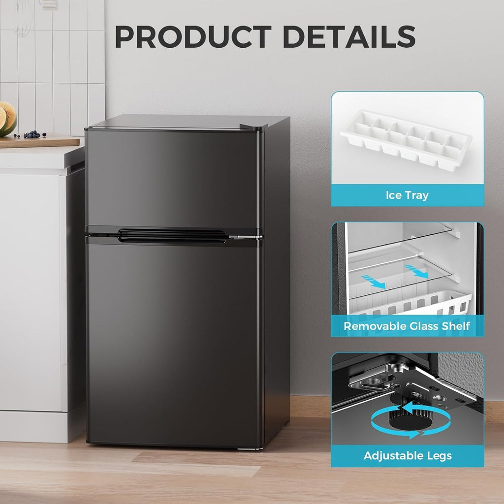 COWSAR 3.2 Cu.Ft Mini Fridge and Freezer, Double Door Compact Fridge for Bedroom, Adjustable Thermostat, Energy-efficient Low Noise Small Refrigerator For Dorm, Office, Bar, RV, Bedroom