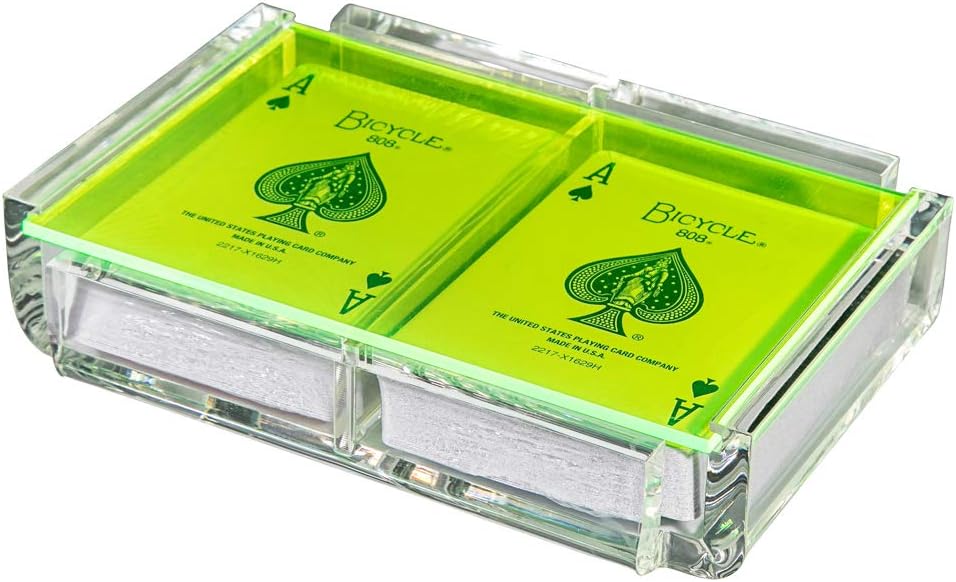 Modern Elegant Playing Card Deck Holder Tray with 2 Decks of Playing Cards in Unique Stylish Deluxe Acrylic Box with Color lid (Neon Green)