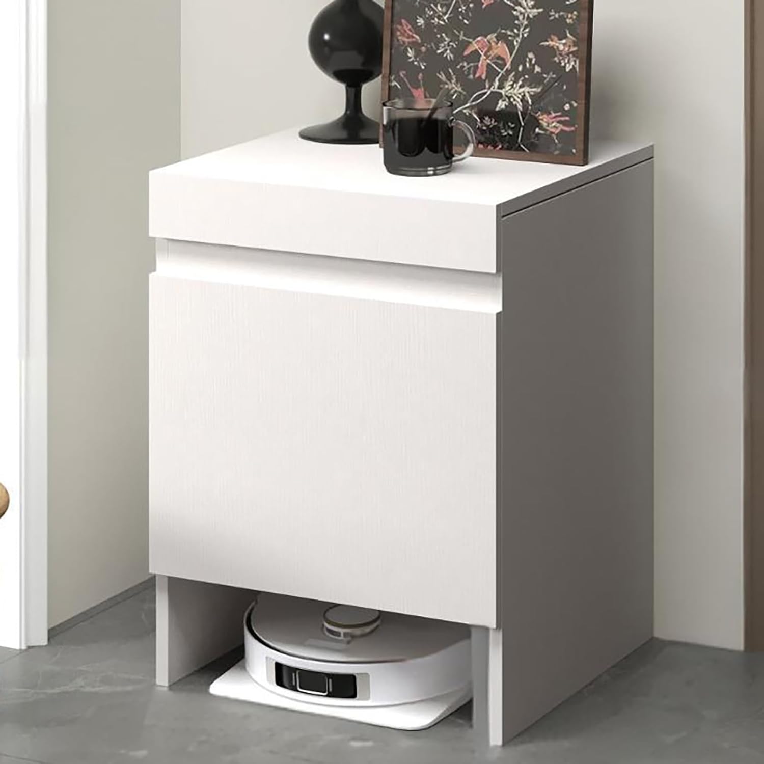 Robot Vacuum Stand Cabinet,Storage Cabinet with Doors for Robot Vacuum Cleaner,End Side Table for Home Office,Wood Freestanding Rack for Living Room Home Office Kitchen(White)