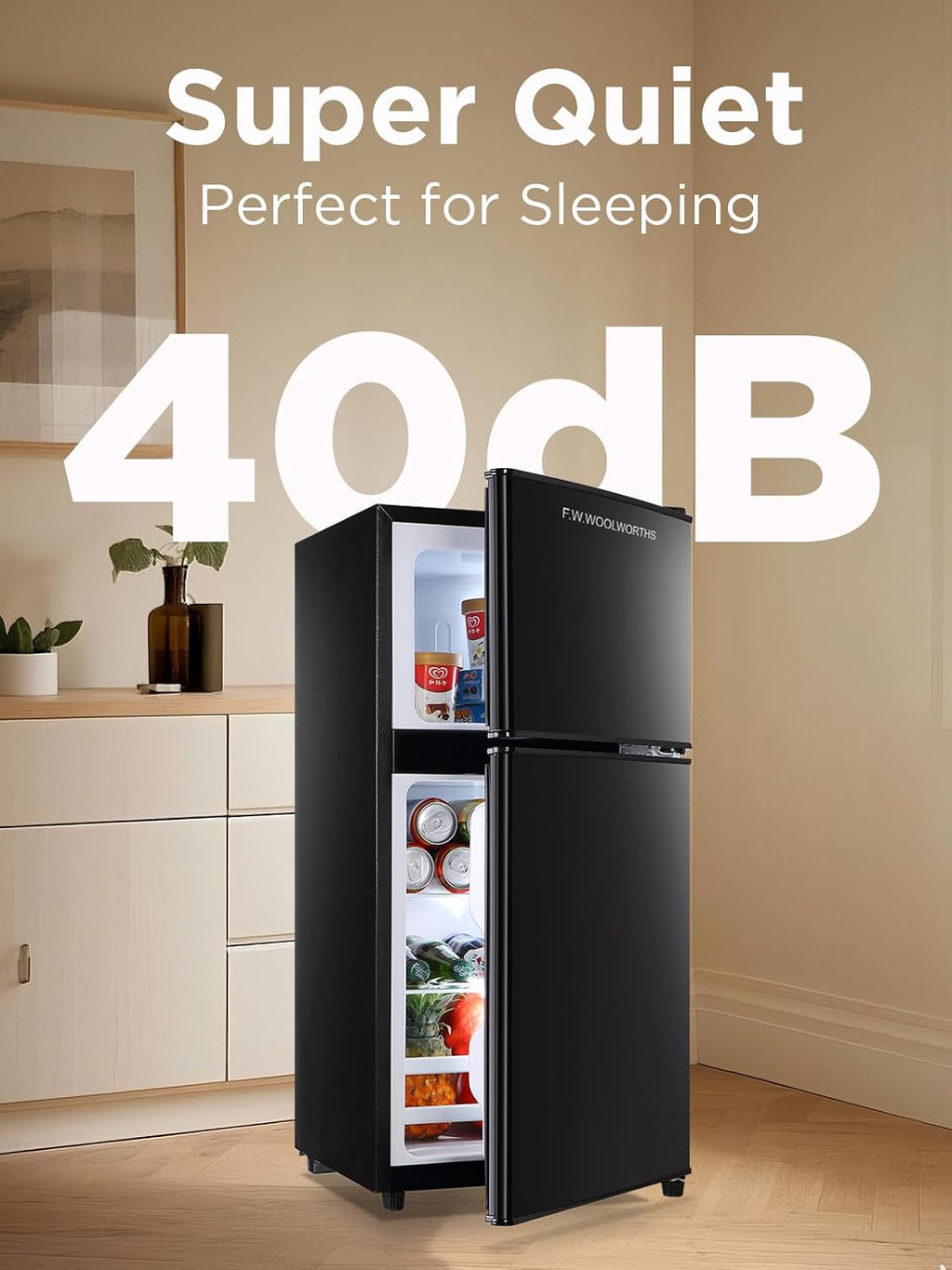 F.W.WOOLWORTHS 3.5 Cu.Ft Fridge with Freezer, Refrigerator with 2 Doors for Office, Kitchen, Dorm and Bedroom, Fridge with 7 Level Temp Adjustable Thermostat, Black