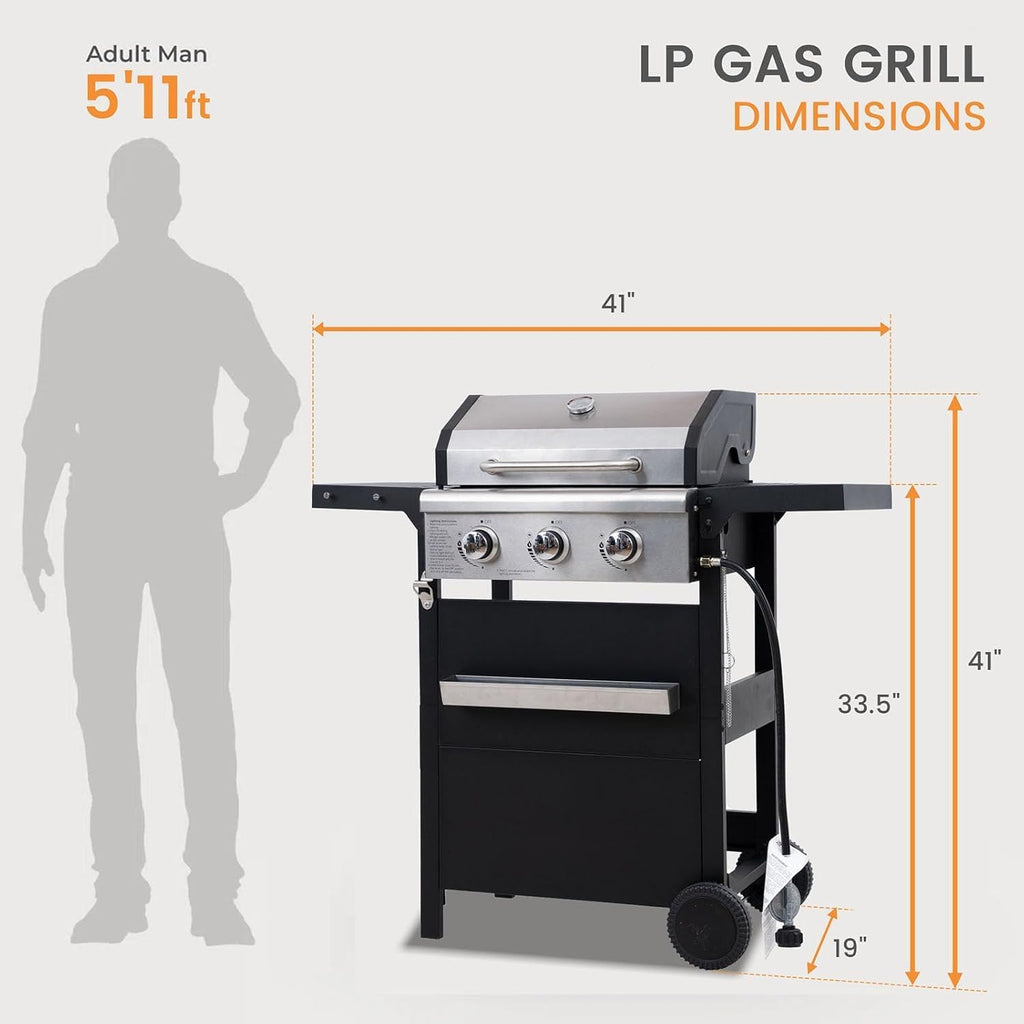 3-Burner Propane Gas Grill with Heavy Duty Waterproof Cover | 27,000 BTU, 3 Stainless Steel Gas Grill Burners & Electronic Ignition, Detachable Oil Tray for Outdoor BBQ Grill