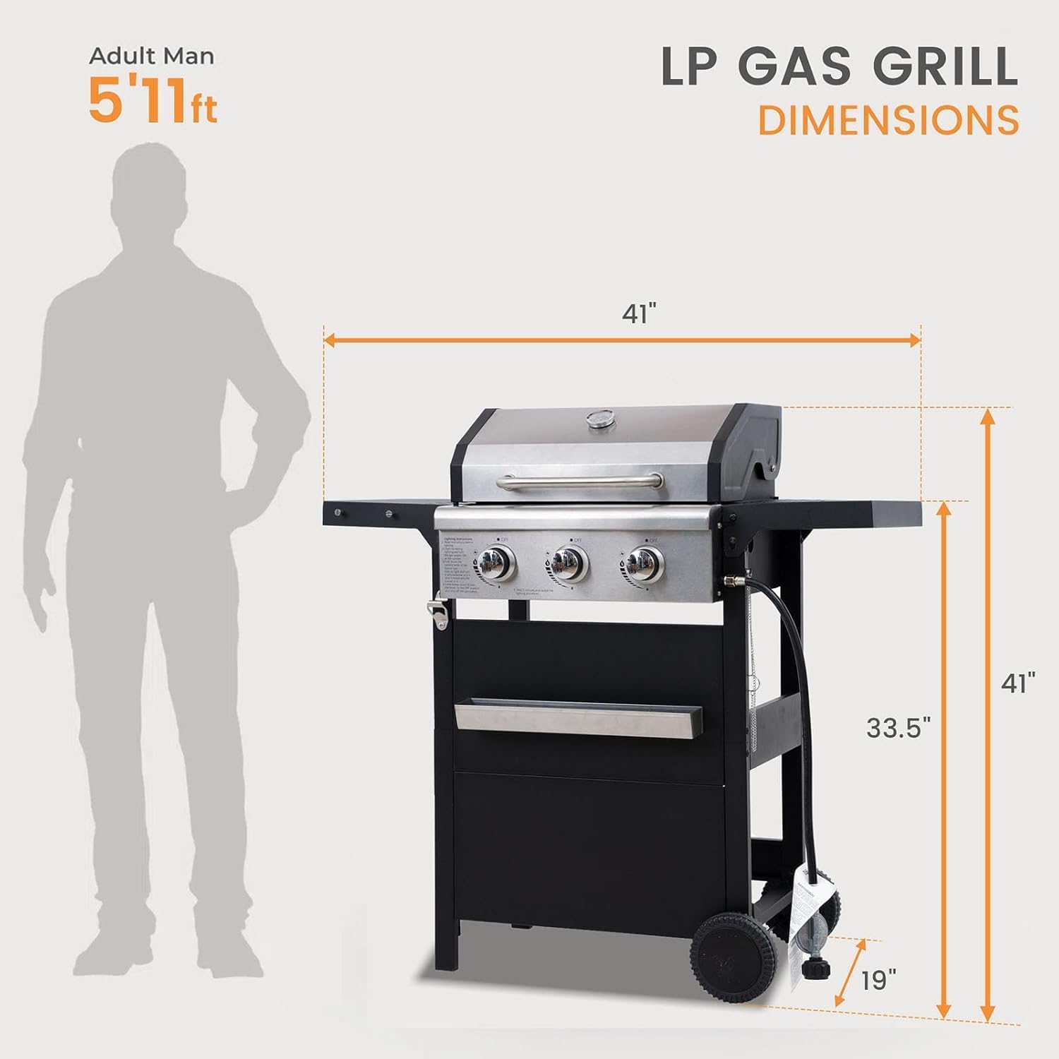 3-Burner Propane Gas Grill with Heavy Duty Waterproof Cover | 27,000 BTU, 3 Stainless Steel Gas Grill Burners & Electronic Ignition, Detachable Oil Tray for Outdoor BBQ Grill
