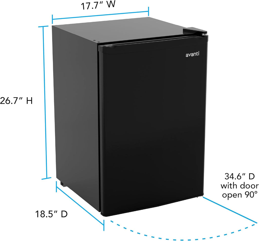 Avanti 2.5 Cu. Ft. Mini Fridge Compact Refrigerator for Dorm, Office & Bedroom, Chiller Compartment, Glass Shelf, Reversible Door, ENERGY STAR, Black